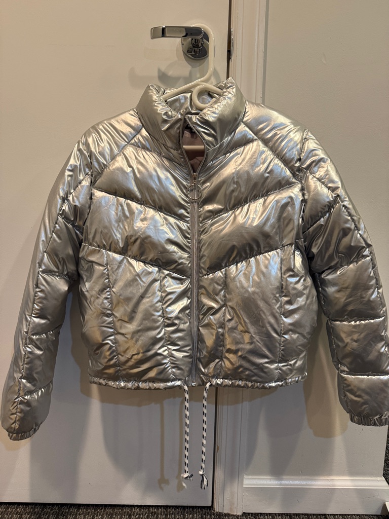 Central Park West Silver Metallic Puffer Coat. Size Small